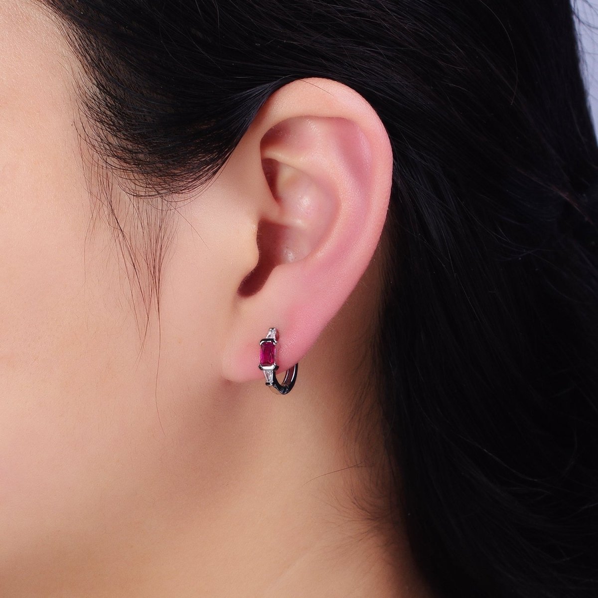 16K Gold Filled Fuchsia, Green Baguette Triangle CZ Huggie Earrings in Gold & Silver | AD867 - AD870