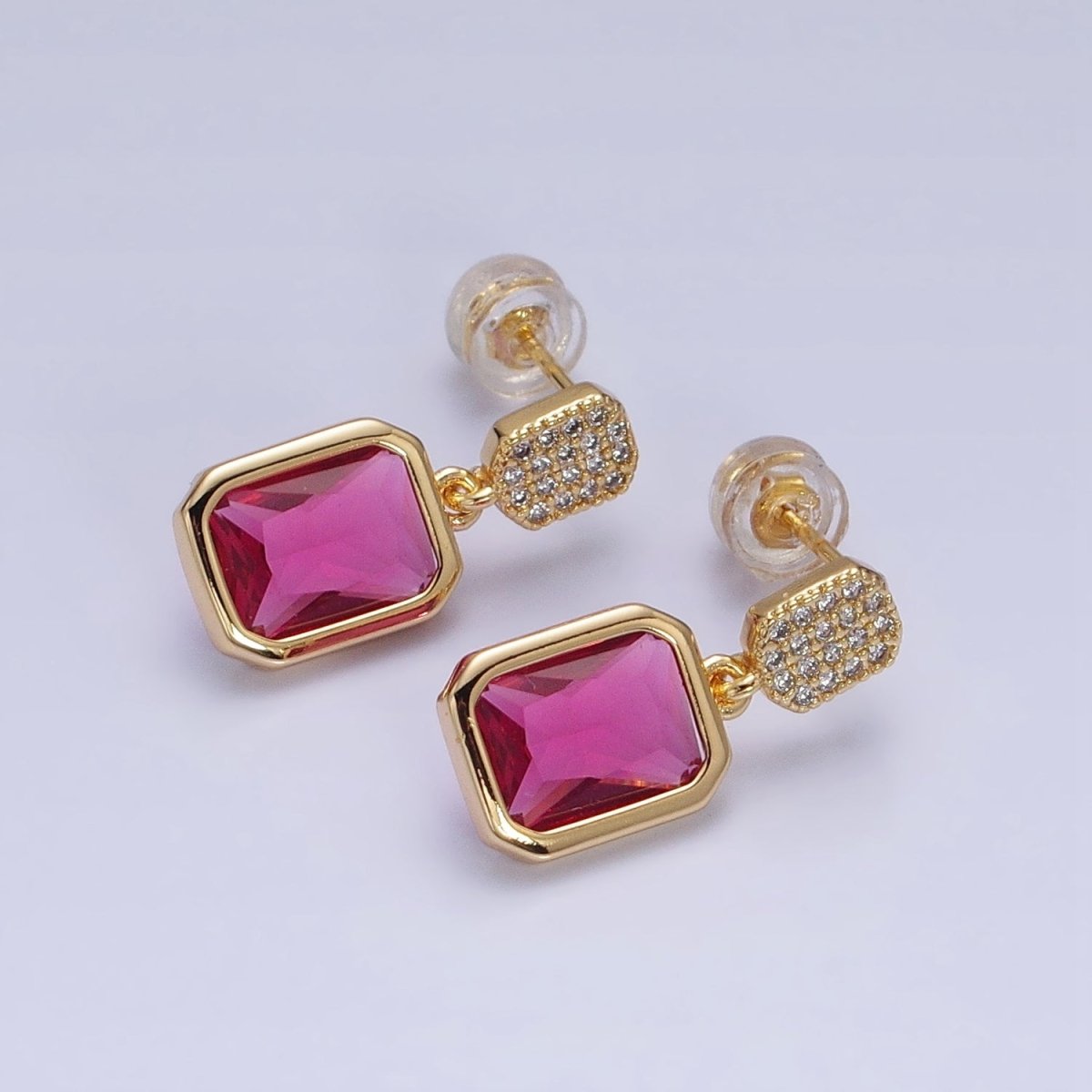 16K Gold Filled Fuchsia, Green Multifaceted Baguette CZ Drop Micro Paved Bar Stud Earrings in Gold & Silver | AD1112 - AS1115