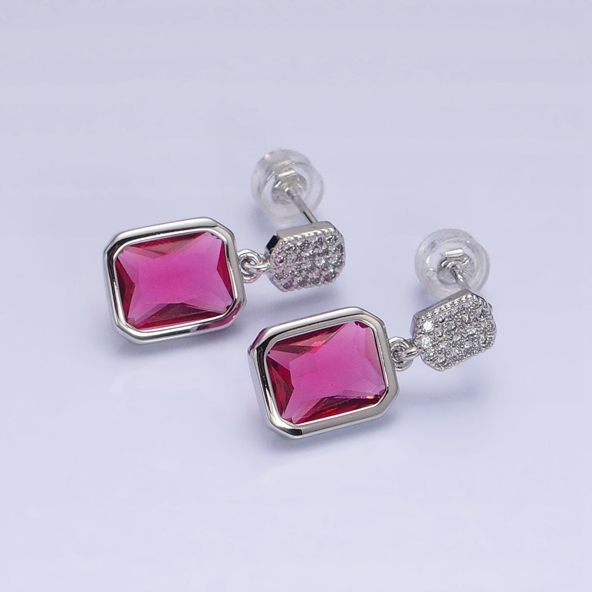 16K Gold Filled Fuchsia, Green Multifaceted Baguette CZ Drop Micro Paved Bar Stud Earrings in Gold & Silver | AD1112 - AS1115