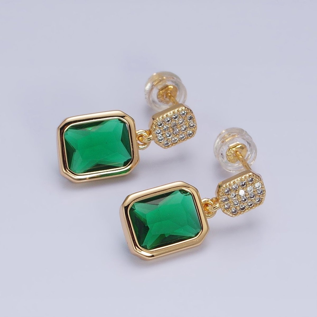 16K Gold Filled Fuchsia, Green Multifaceted Baguette CZ Drop Micro Paved Bar Stud Earrings in Gold & Silver | AD1112 - AS1115