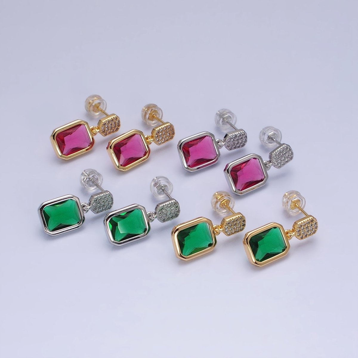 16K Gold Filled Fuchsia, Green Multifaceted Baguette CZ Drop Micro Paved Bar Stud Earrings in Gold & Silver | AD1112 - AS1115
