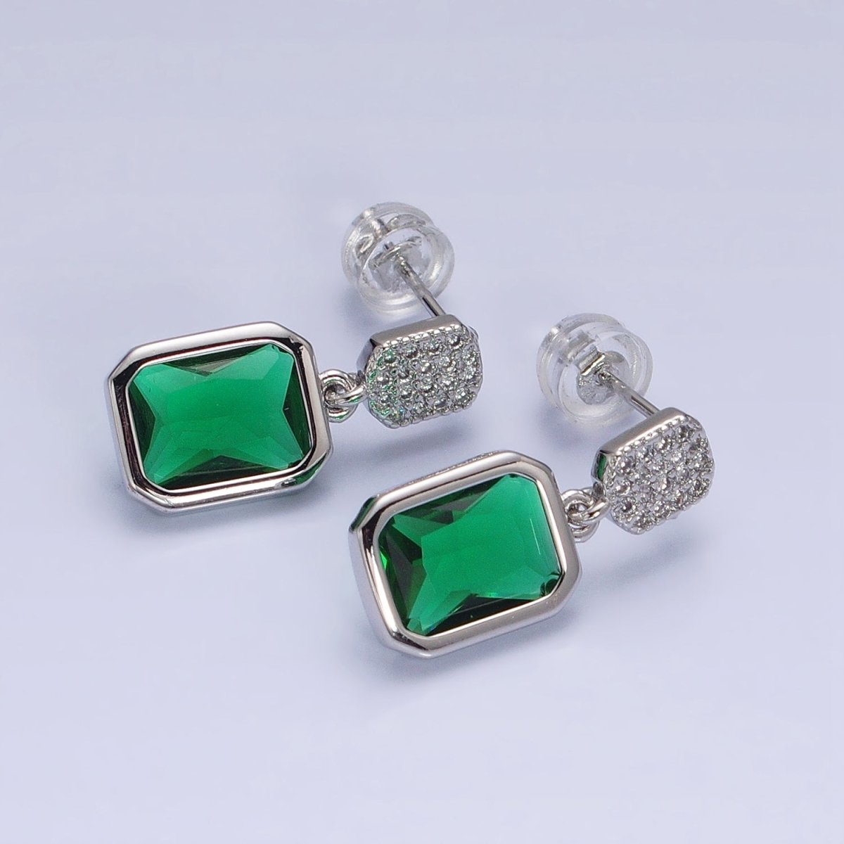 16K Gold Filled Fuchsia, Green Multifaceted Baguette CZ Drop Micro Paved Bar Stud Earrings in Gold & Silver | AD1112 - AS1115