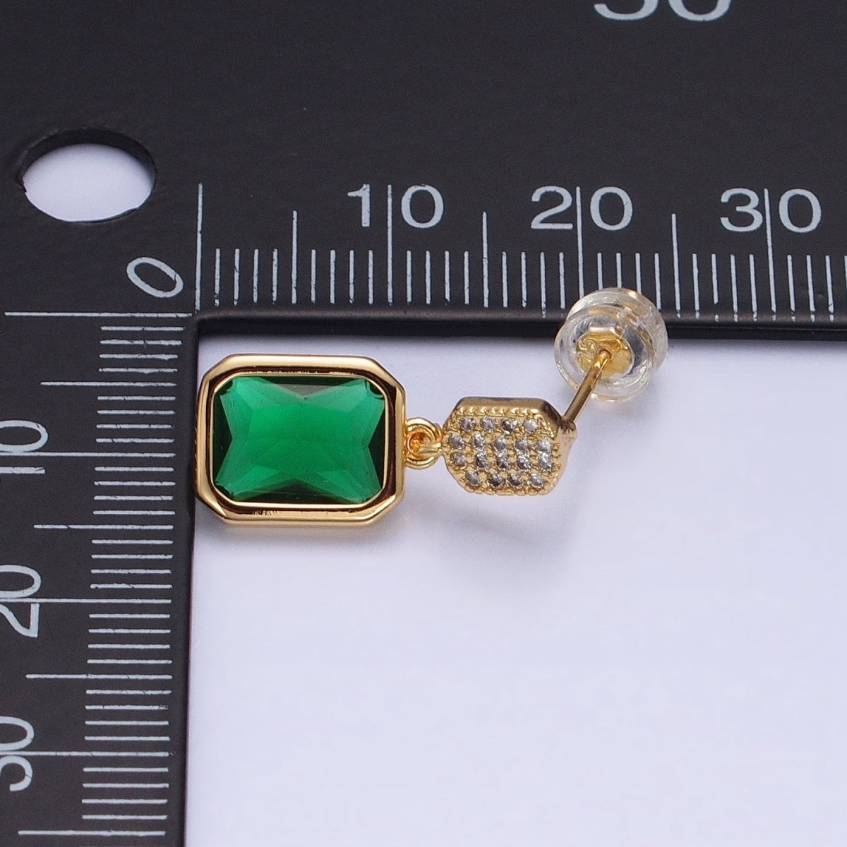16K Gold Filled Fuchsia, Green Multifaceted Baguette CZ Drop Micro Paved Bar Stud Earrings in Gold & Silver | AD1112 - AS1115