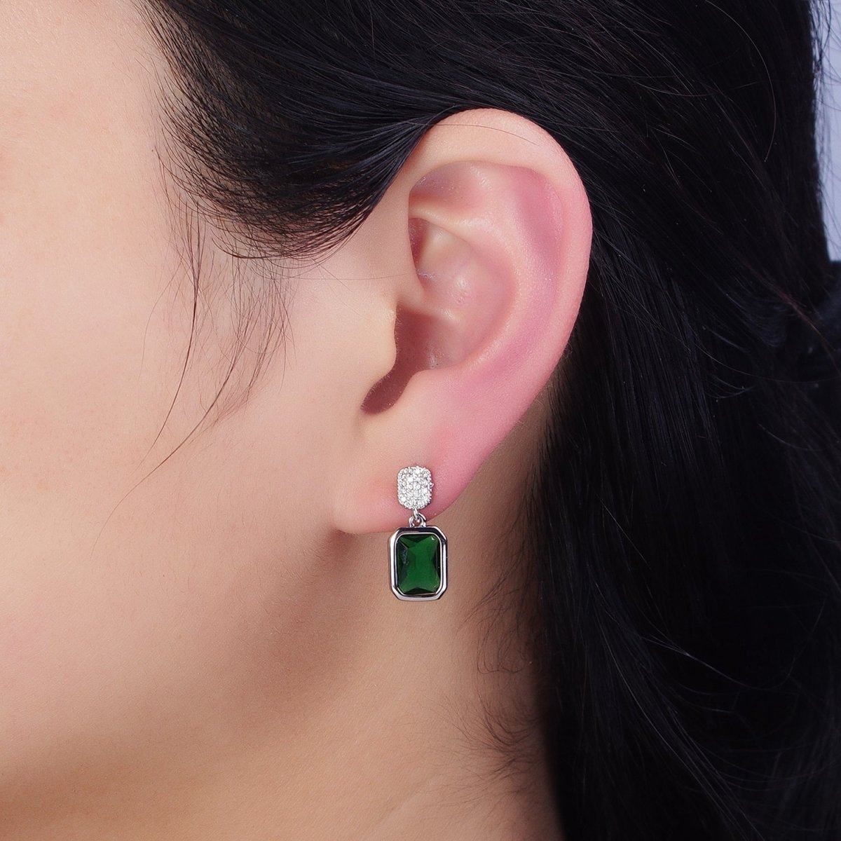 16K Gold Filled Fuchsia, Green Multifaceted Baguette CZ Drop Micro Paved Bar Stud Earrings in Gold & Silver | AD1112 - AS1115