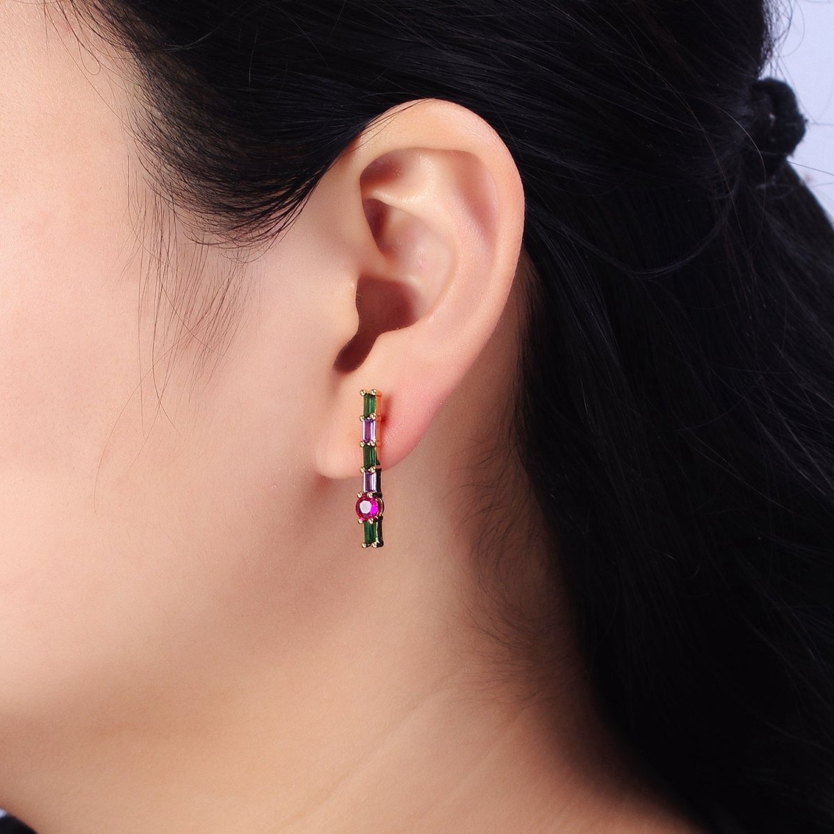 16K Gold Filled Fuchsia Multicolor Baguette Round CZ Linear Drop Stud Earrings in Gold & Silver | AB362 AB363