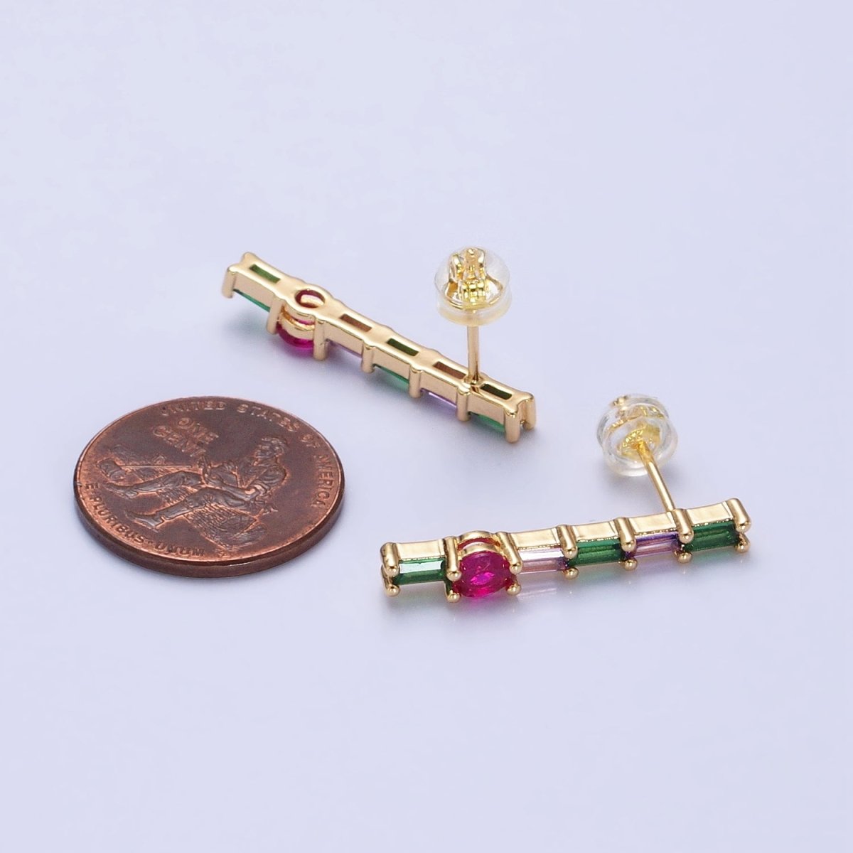 16K Gold Filled Fuchsia Multicolor Baguette Round CZ Linear Drop Stud Earrings in Gold & Silver | AB362 AB363