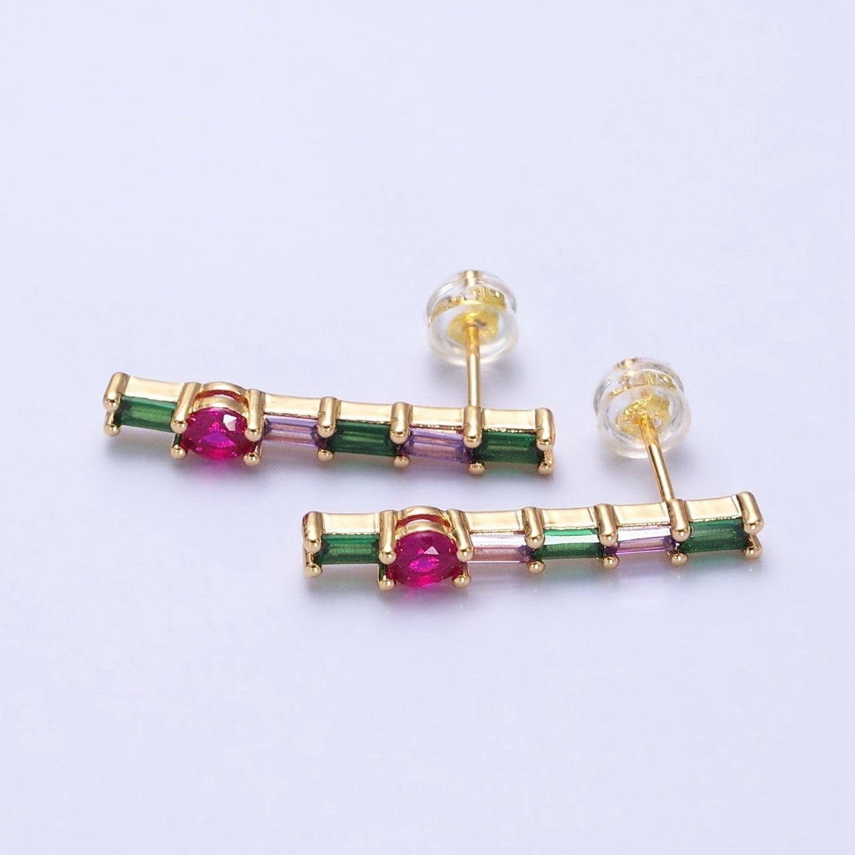 16K Gold Filled Fuchsia Multicolor Baguette Round CZ Linear Drop Stud Earrings in Gold & Silver | AB362 AB363