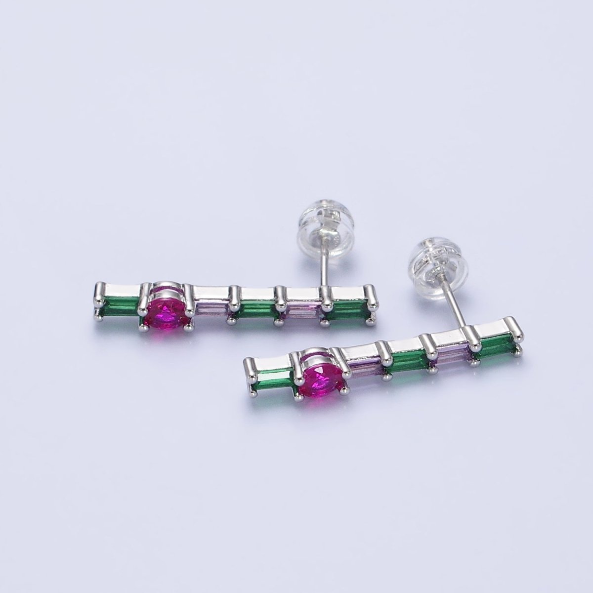 16K Gold Filled Fuchsia Multicolor Baguette Round CZ Linear Drop Stud Earrings in Gold & Silver | AB362 AB363