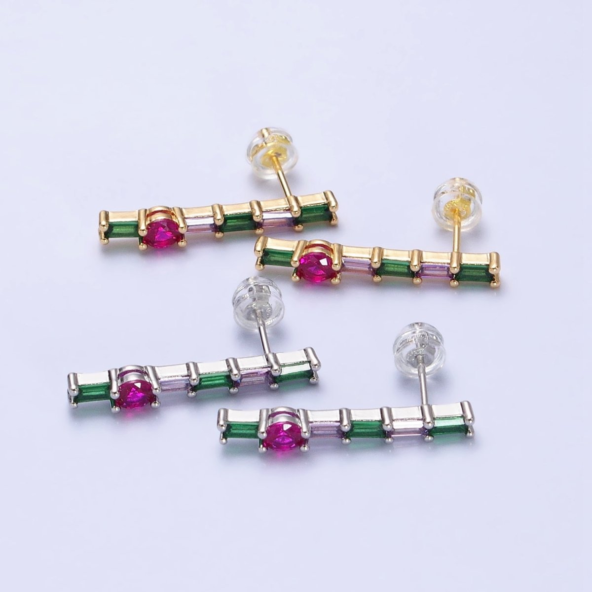 16K Gold Filled Fuchsia Multicolor Baguette Round CZ Linear Drop Stud Earrings in Gold & Silver | AB362 AB363