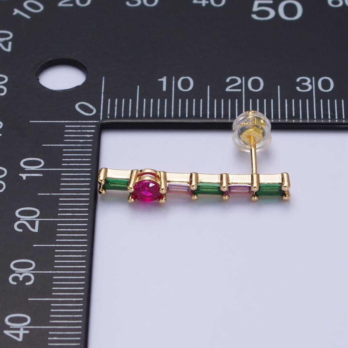 16K Gold Filled Fuchsia Multicolor Baguette Round CZ Linear Drop Stud Earrings in Gold & Silver | AB362 AB363