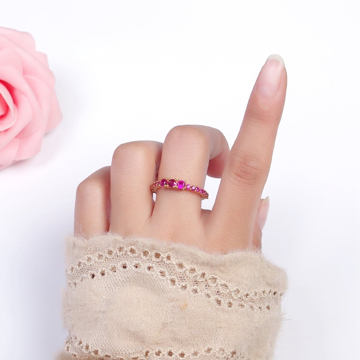 16K Gold Filled Fuchsia Triple CZ Micro Square Adjustable Ring | O-1609 O-1610