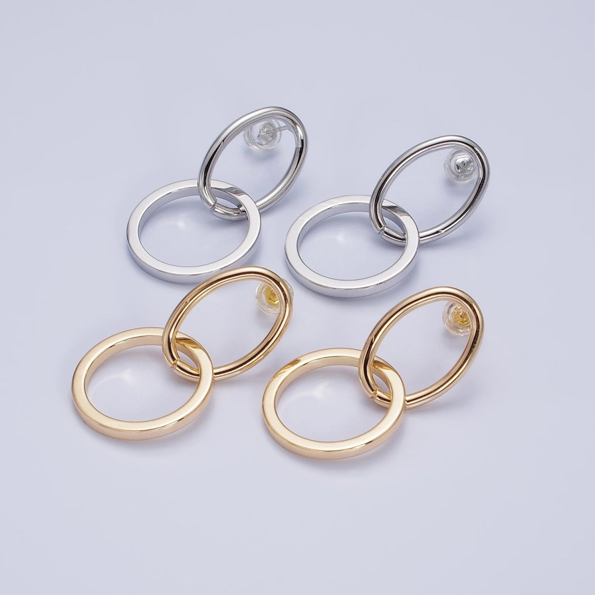 16K Gold Filled Geometric Open Oval Round Double Drop Stud Earrings in Gold & Silver | AD1141 AD1142