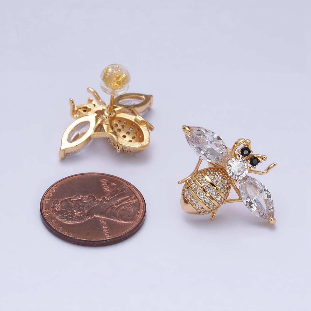 16K Gold Filled Gold Bee Stud Earrings • Crystal Cubic Zirconia Honey Bee Queen Bee Bumble Bee Jewelry AD1474 AD1475