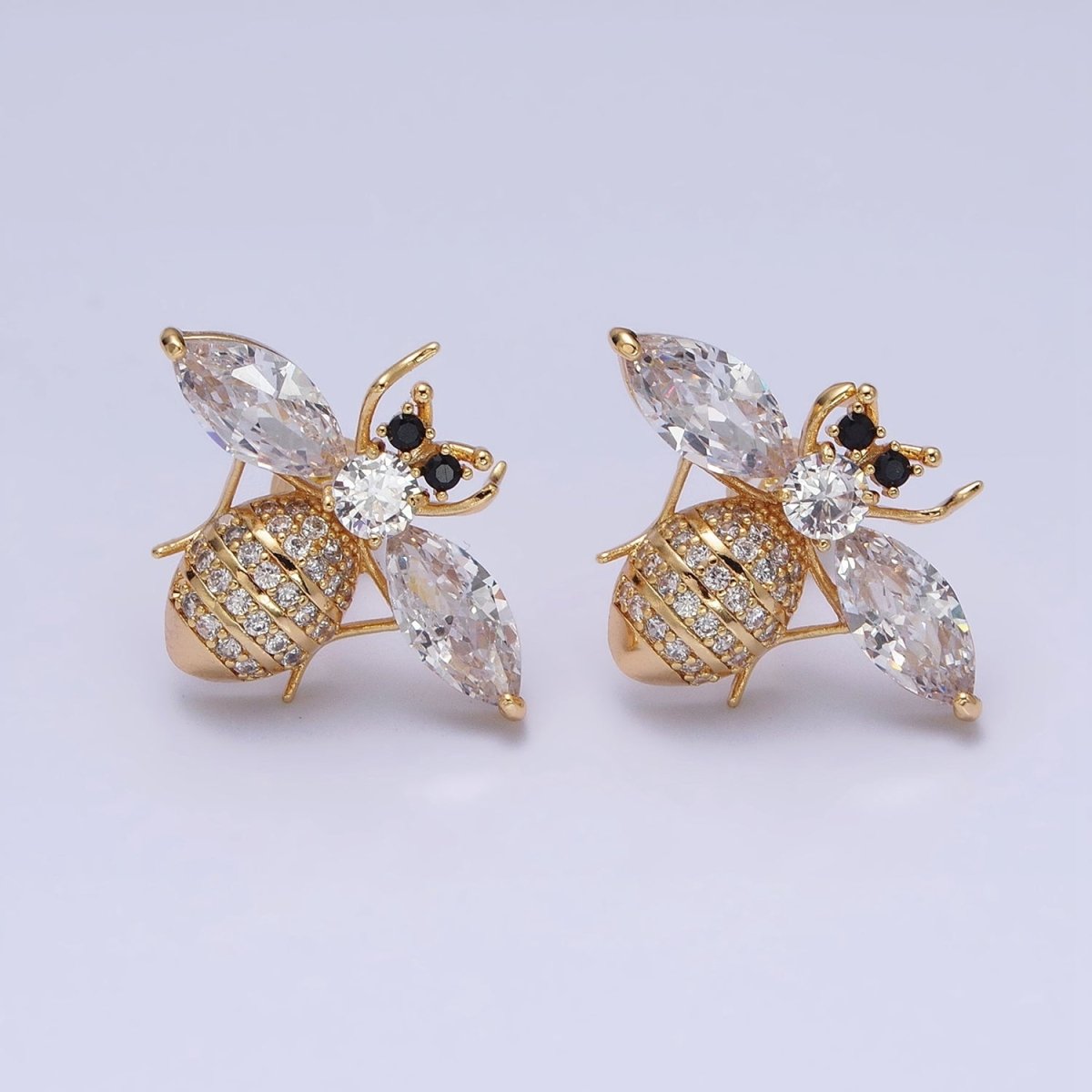 16K Gold Filled Gold Bee Stud Earrings • Crystal Cubic Zirconia Honey Bee Queen Bee Bumble Bee Jewelry AD1474 AD1475