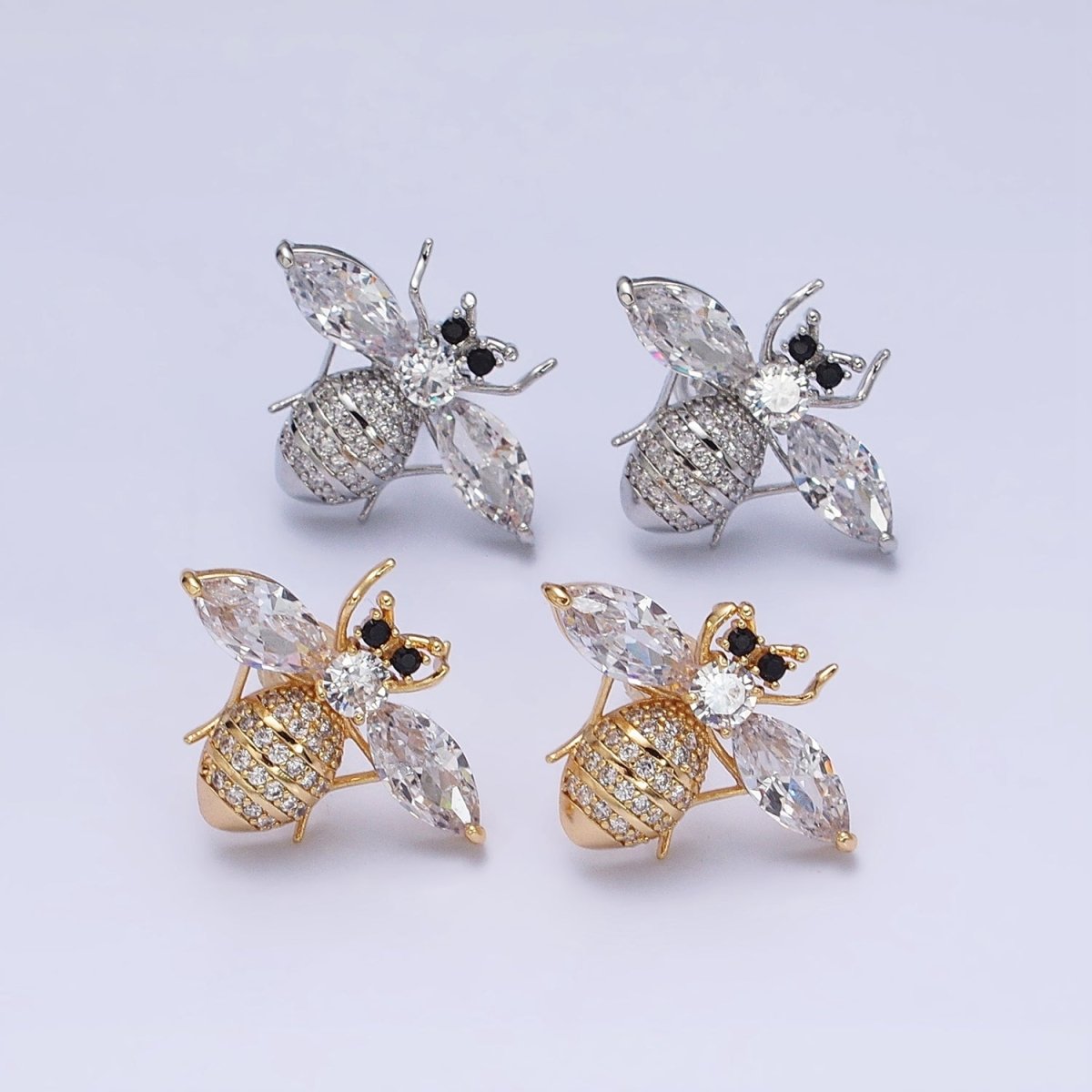 16K Gold Filled Gold Bee Stud Earrings • Crystal Cubic Zirconia Honey Bee Queen Bee Bumble Bee Jewelry AD1474 AD1475