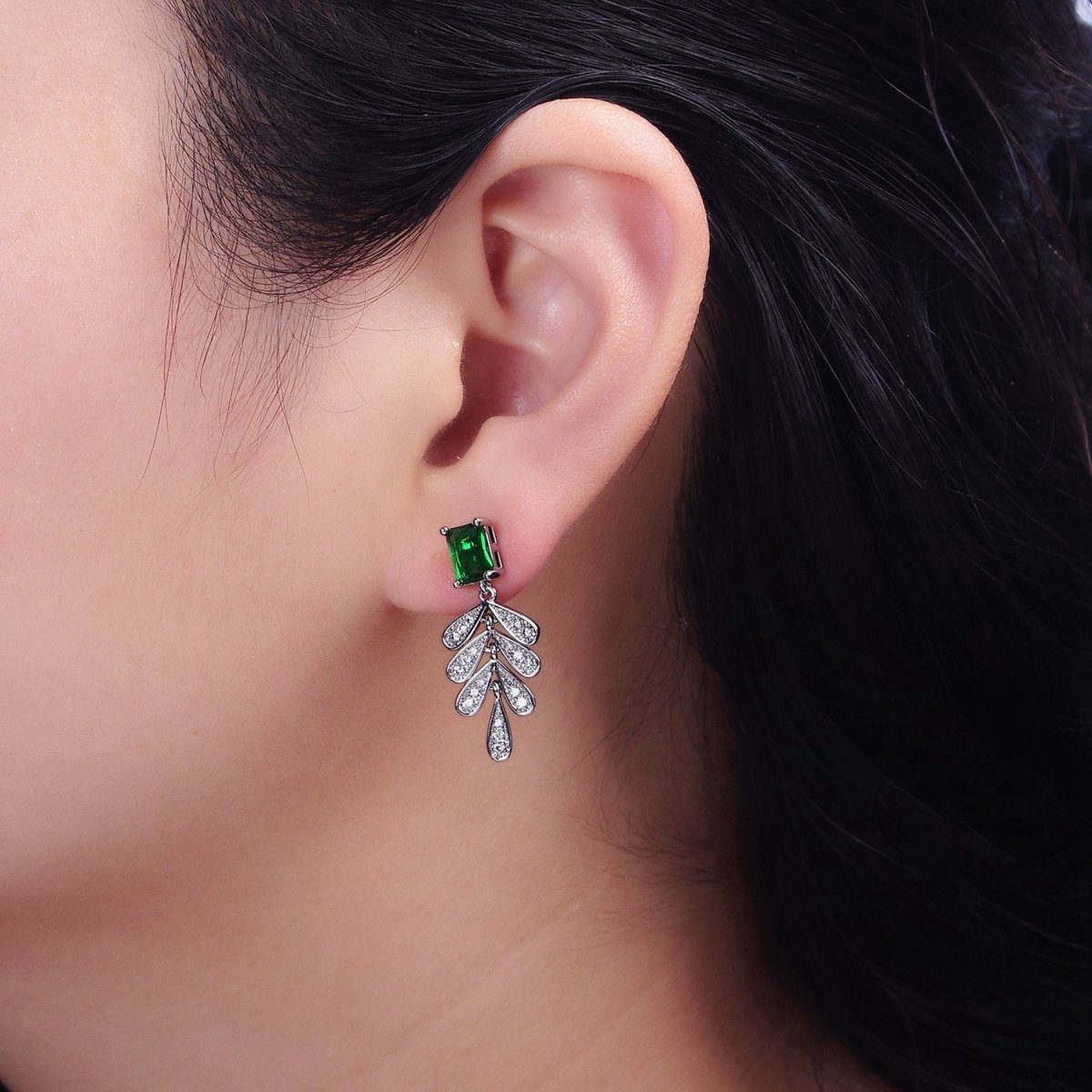 16K Gold Filled Green Baguette Micro Paved CZ Olive Leaf Drop Stud Earrings in Gold & Silver | AD1187 AD1228