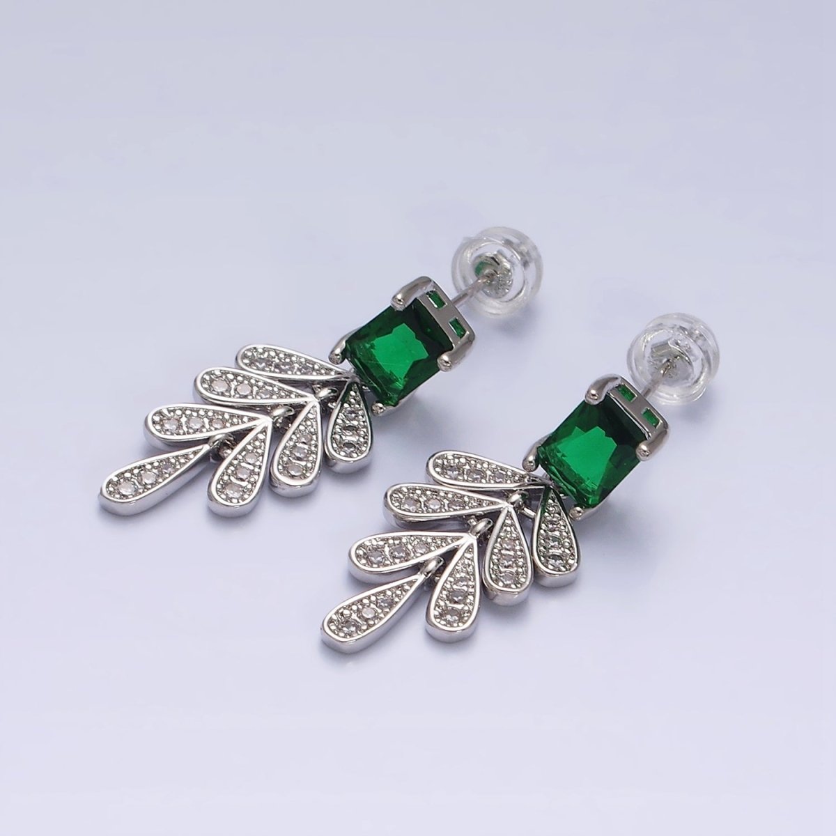 16K Gold Filled Green Baguette Micro Paved CZ Olive Leaf Drop Stud Earrings in Gold & Silver | AD1187 AD1228