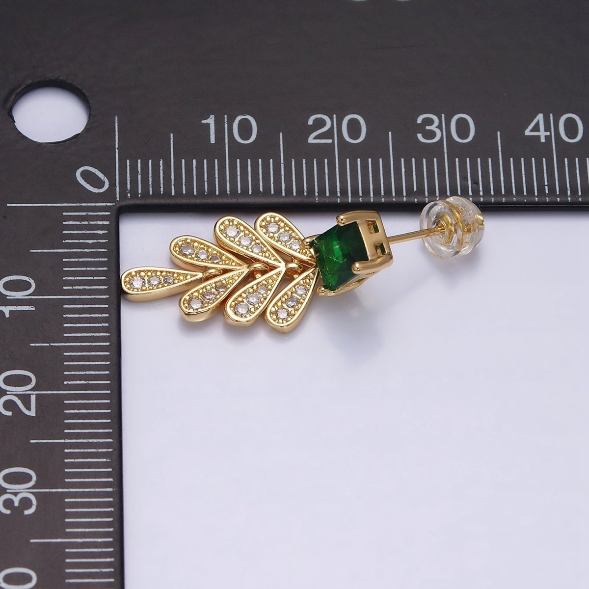 16K Gold Filled Green Baguette Micro Paved CZ Olive Leaf Drop Stud Earrings in Gold & Silver | AD1187 AD1228