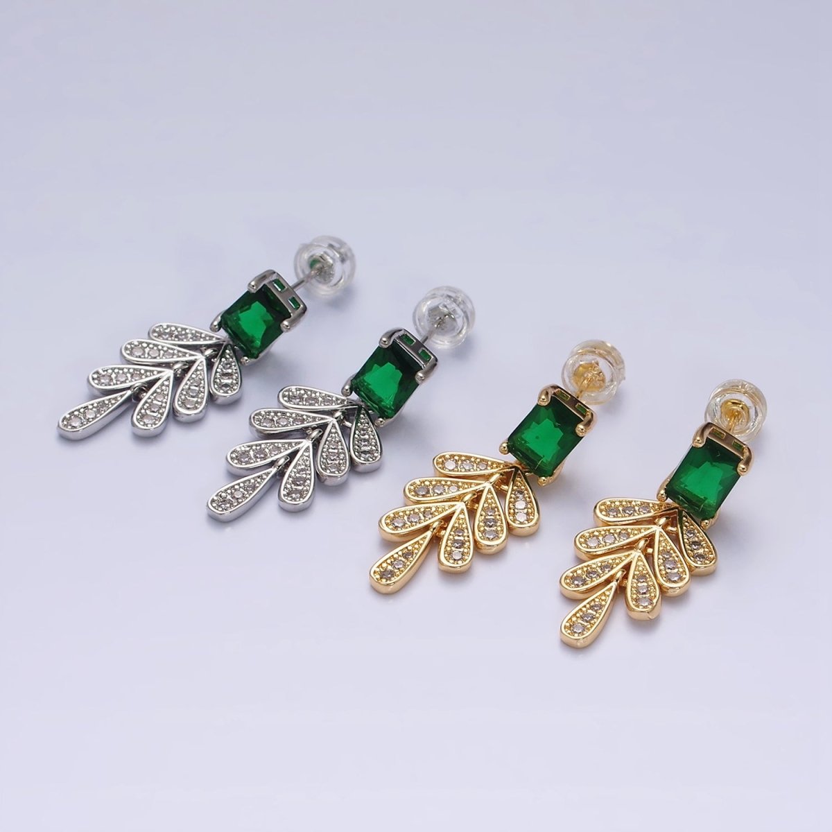 16K Gold Filled Green Baguette Micro Paved CZ Olive Leaf Drop Stud Earrings in Gold & Silver | AD1187 AD1228