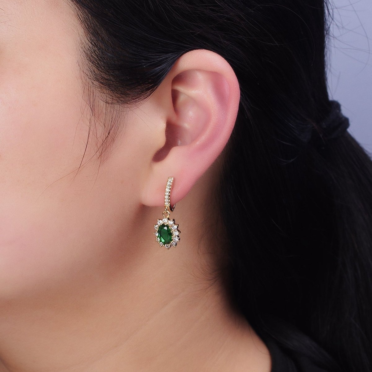 16K Gold Filled Green Celestial Sun Flower Oval CZ Drop Clear Micro Paved English Lock Earrings in Gold & Silver | AD1102 AD1103