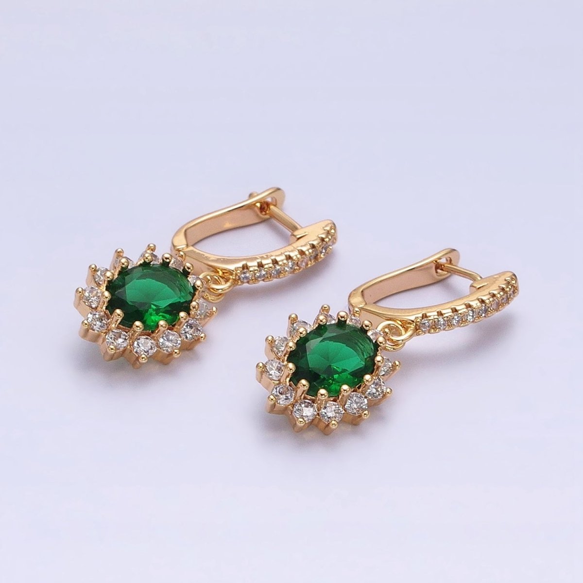 16K Gold Filled Green Celestial Sun Flower Oval CZ Drop Clear Micro Paved English Lock Earrings in Gold & Silver | AD1102 AD1103