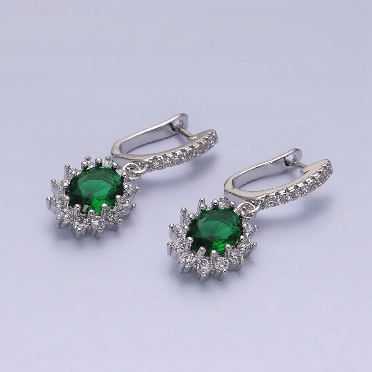 16K Gold Filled Green Celestial Sun Flower Oval CZ Drop Clear Micro Paved English Lock Earrings in Gold & Silver | AD1102 AD1103