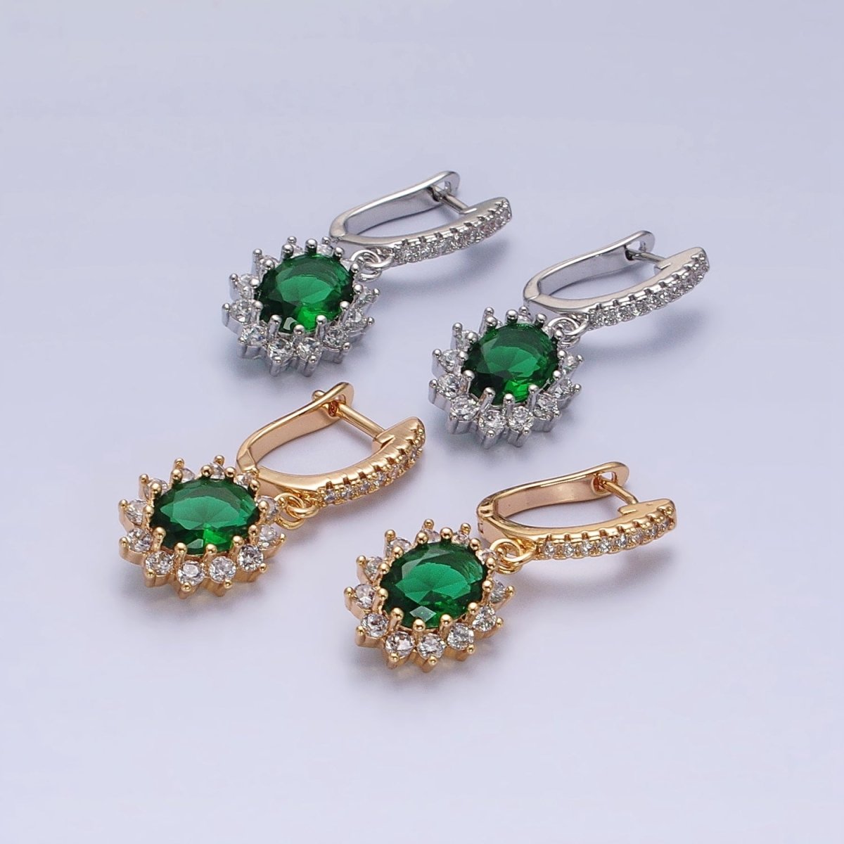 16K Gold Filled Green Celestial Sun Flower Oval CZ Drop Clear Micro Paved English Lock Earrings in Gold & Silver | AD1102 AD1103