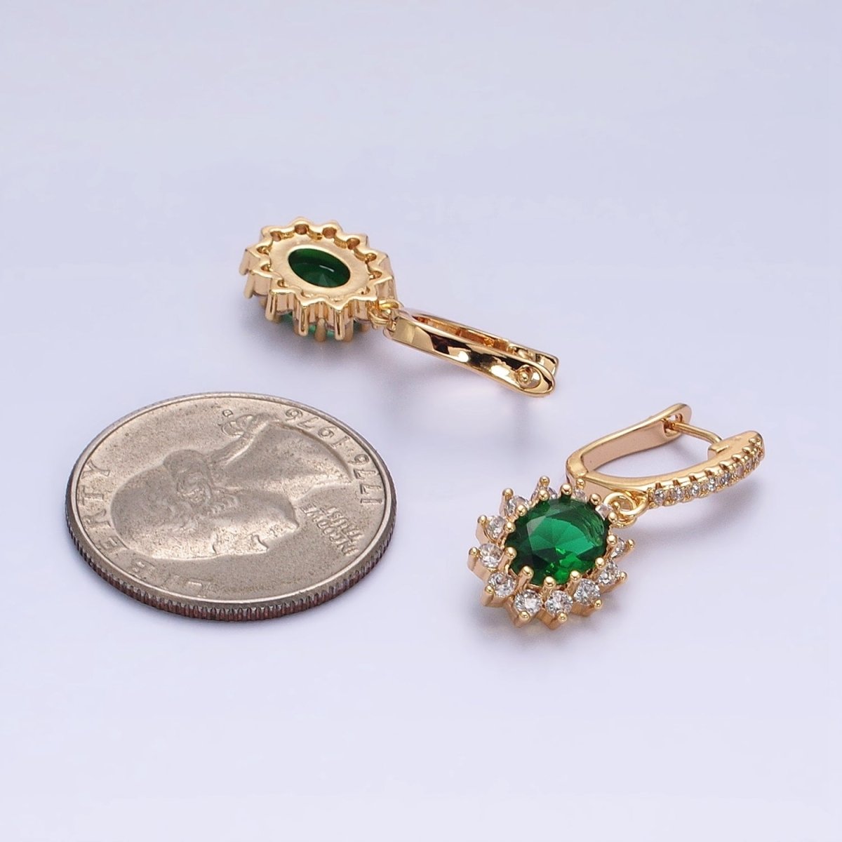 16K Gold Filled Green Celestial Sun Flower Oval CZ Drop Clear Micro Paved English Lock Earrings in Gold & Silver | AD1102 AD1103
