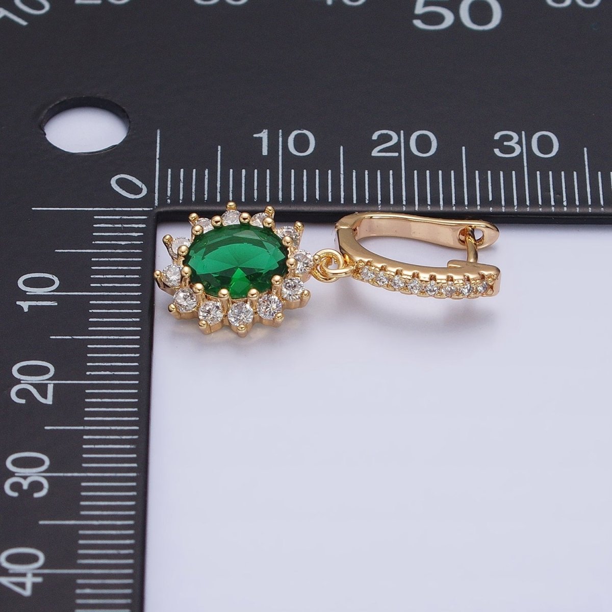 16K Gold Filled Green Celestial Sun Flower Oval CZ Drop Clear Micro Paved English Lock Earrings in Gold & Silver | AD1102 AD1103