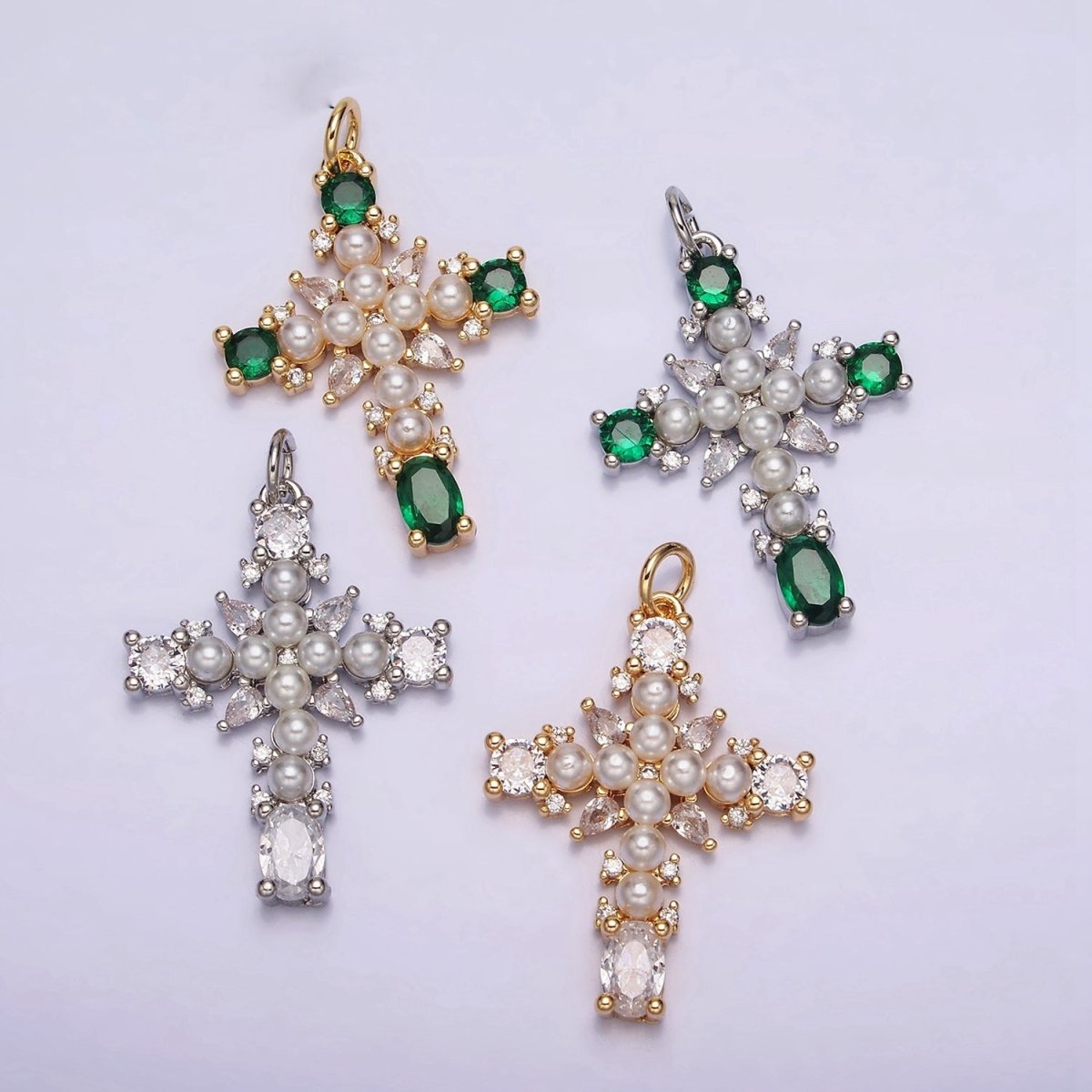 16K Gold Filled Green, Clear CZ Pearl Teardrop Religious Cross Charm in Gold & Silver | AC1416 - AC1419