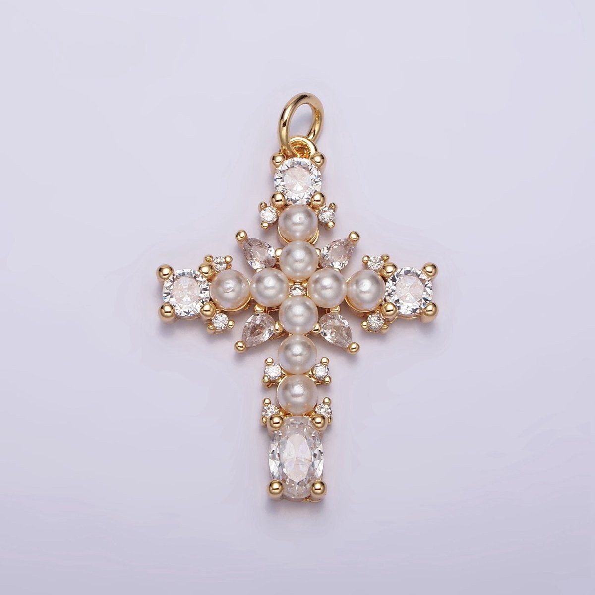 16K Gold Filled Green, Clear CZ Pearl Teardrop Religious Cross Charm in Gold & Silver | AC1416 - AC1419