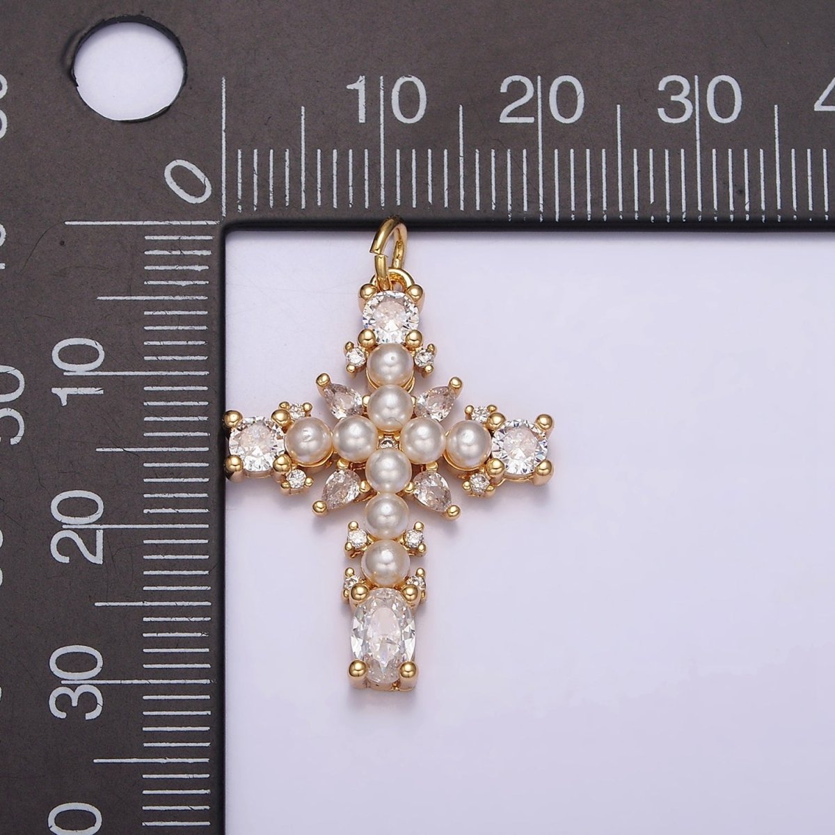 16K Gold Filled Green, Clear CZ Pearl Teardrop Religious Cross Charm in Gold & Silver | AC1416 - AC1419