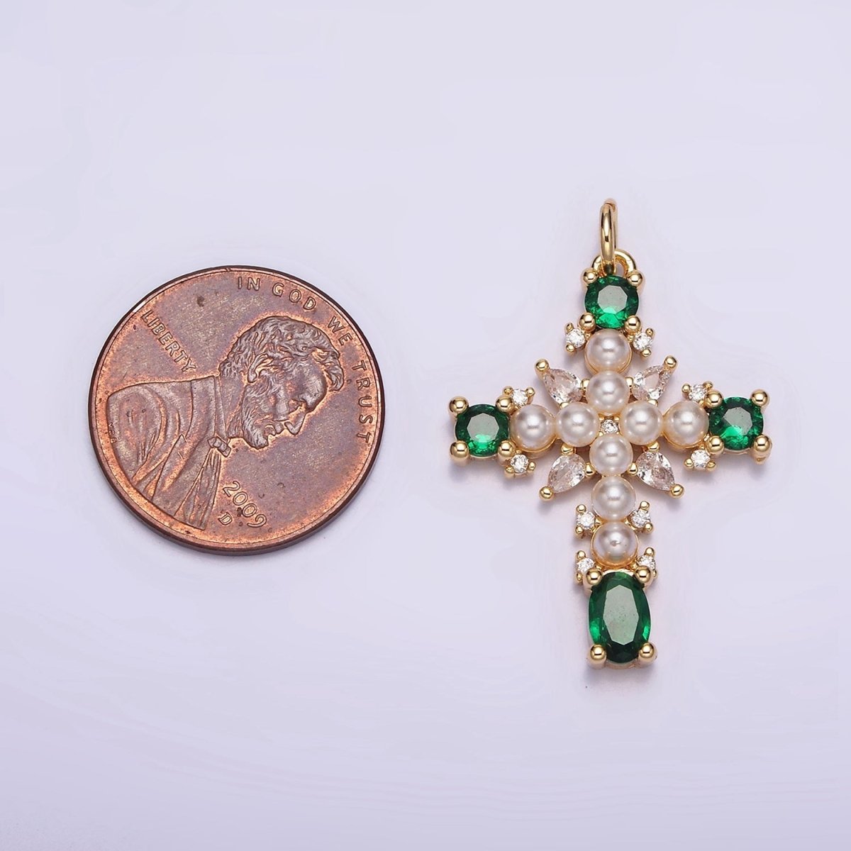 16K Gold Filled Green, Clear CZ Pearl Teardrop Religious Cross Charm in Gold & Silver | AC1416 - AC1419