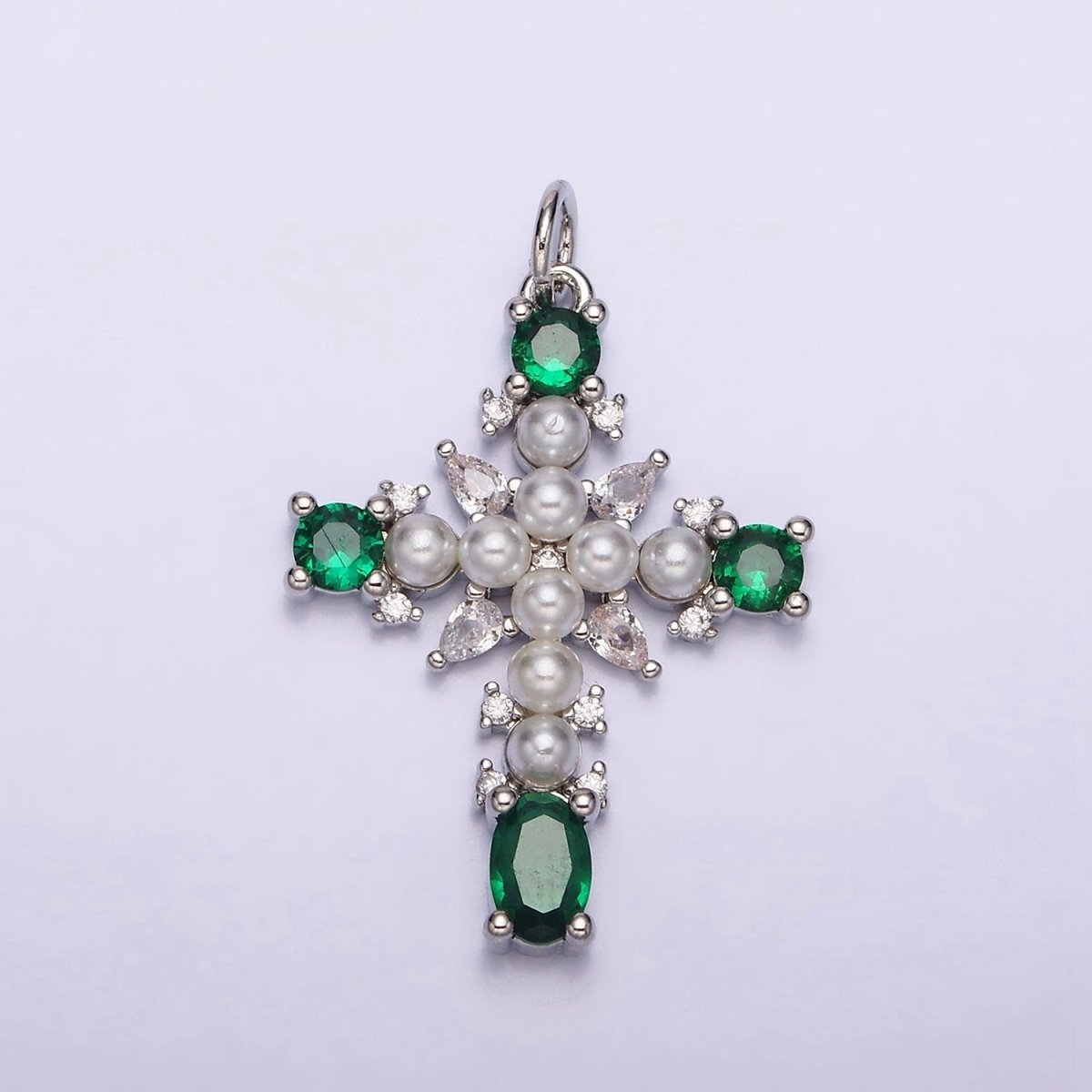 16K Gold Filled Green, Clear CZ Pearl Teardrop Religious Cross Charm in Gold & Silver | AC1416 - AC1419