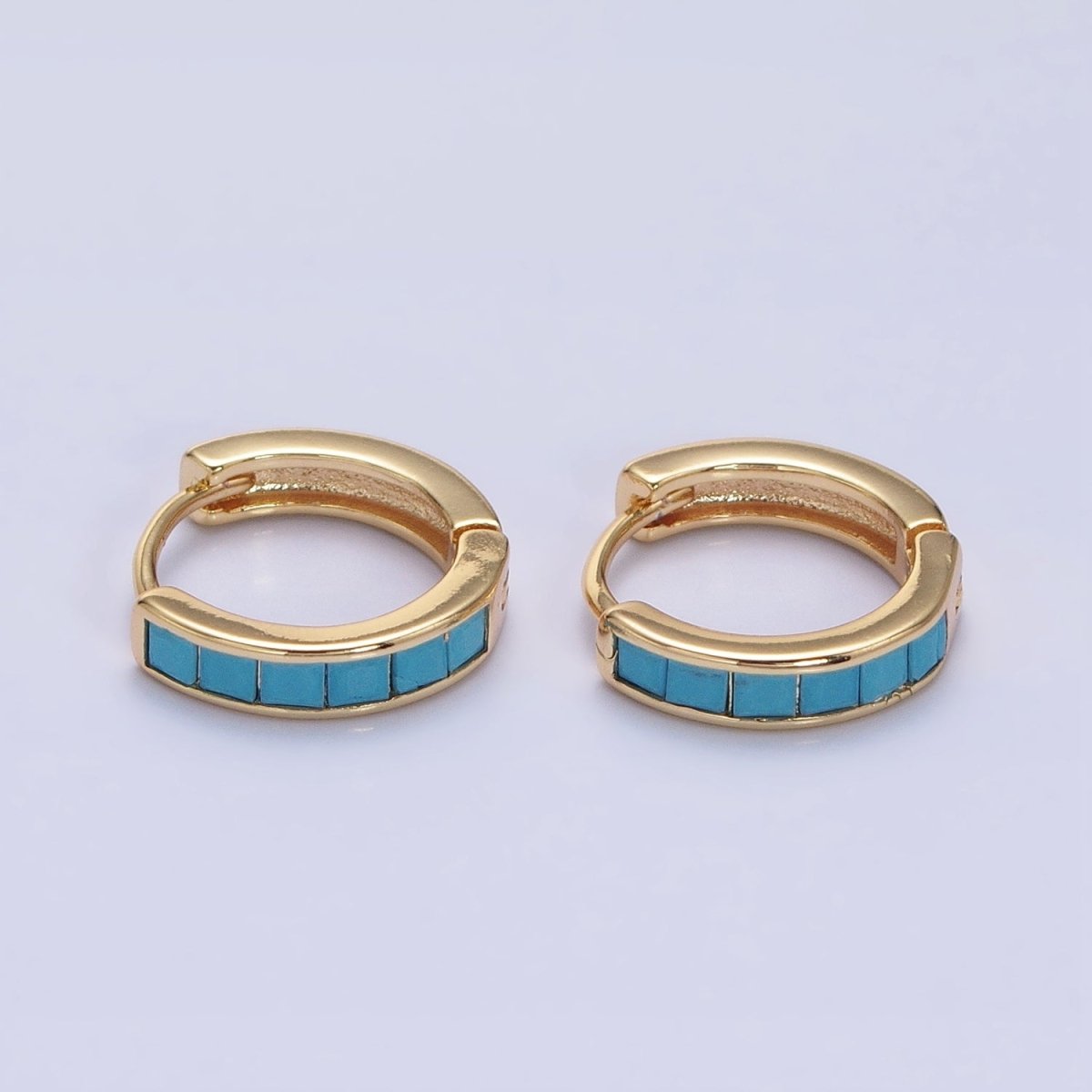 16K Gold Filled Green, Clear, Turquoise Square CZ Lined 13mm Cartilage Huggie Earrings in Gold & Silver | AB659 AB958 - AB960 AB1502 AB1503