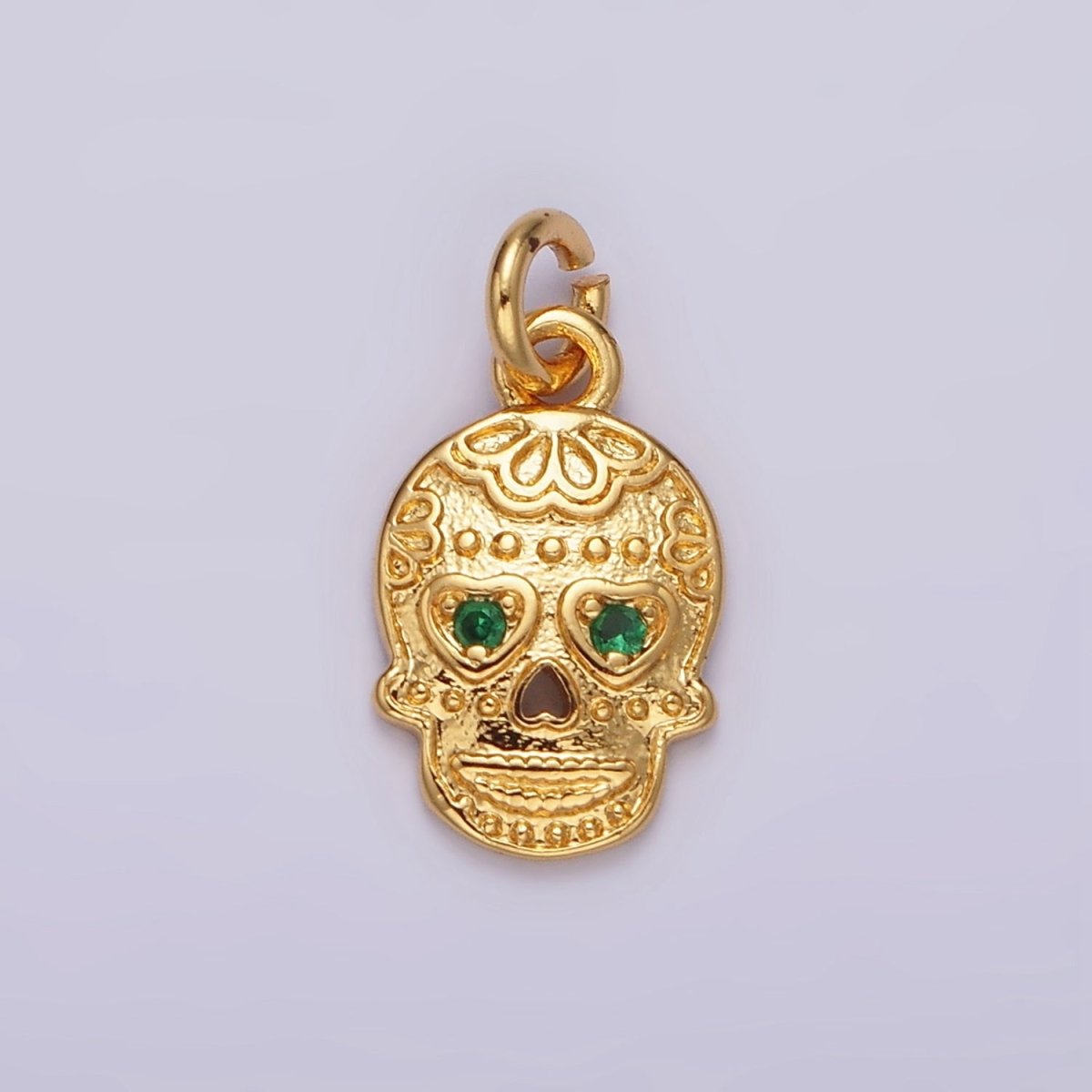 OS 16K Gold Filled Green CZ Heart-Eyed Calavera Skeleton Skull Charm | AC851