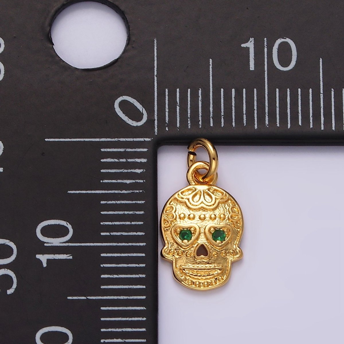 OS 16K Gold Filled Green CZ Heart-Eyed Calavera Skeleton Skull Charm | AC851