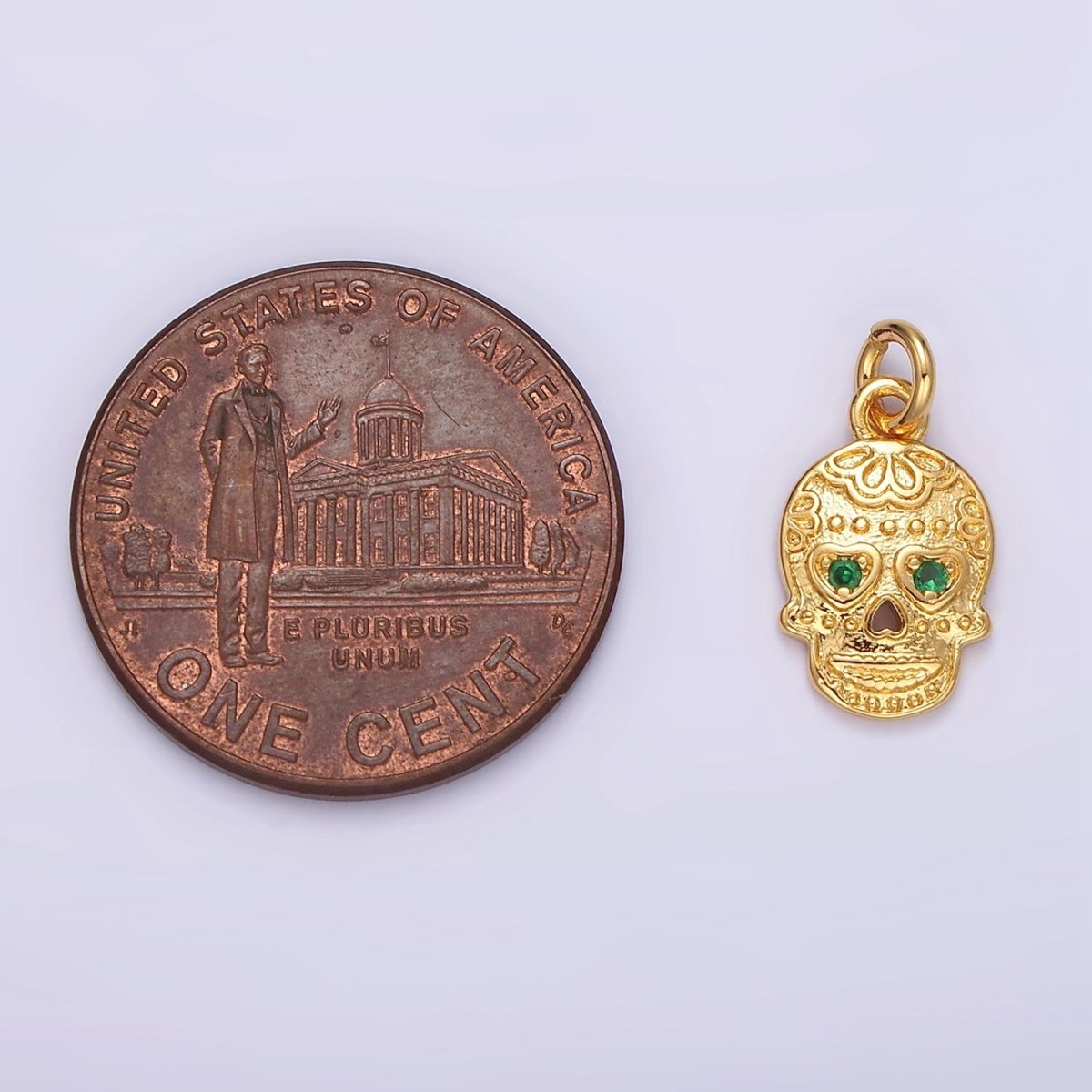 OS 16K Gold Filled Green CZ Heart-Eyed Calavera Skeleton Skull Charm | AC851