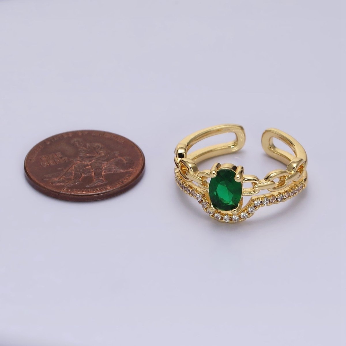 16K Gold Filled Green CZ Oval Cable Link Micro Paved CZ Double Band Ring | O-009