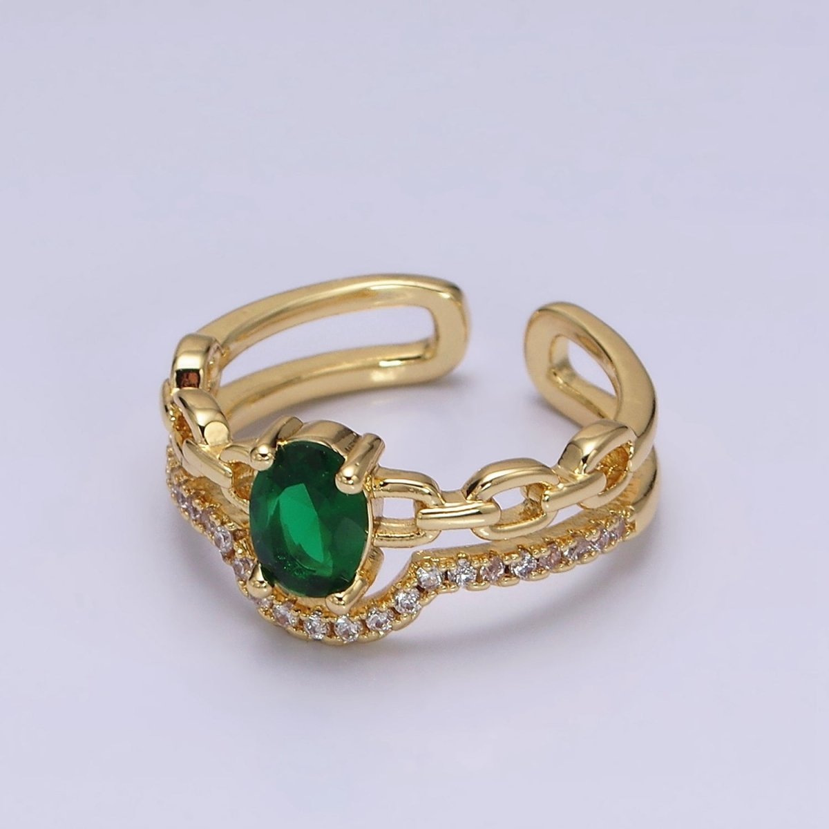 16K Gold Filled Green CZ Oval Cable Link Micro Paved CZ Double Band Ring | O-009