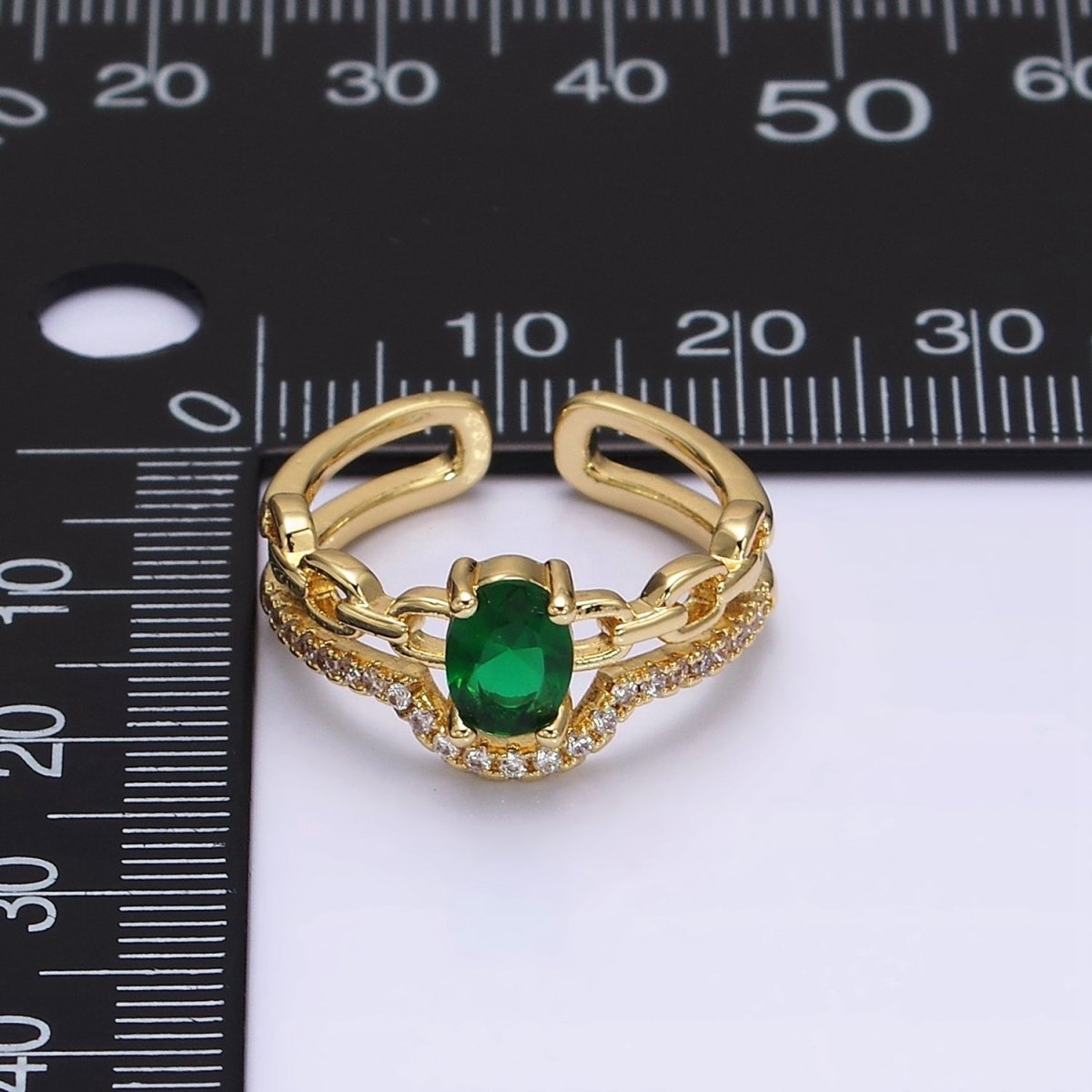 16K Gold Filled Green CZ Oval Cable Link Micro Paved CZ Double Band Ring | O-009