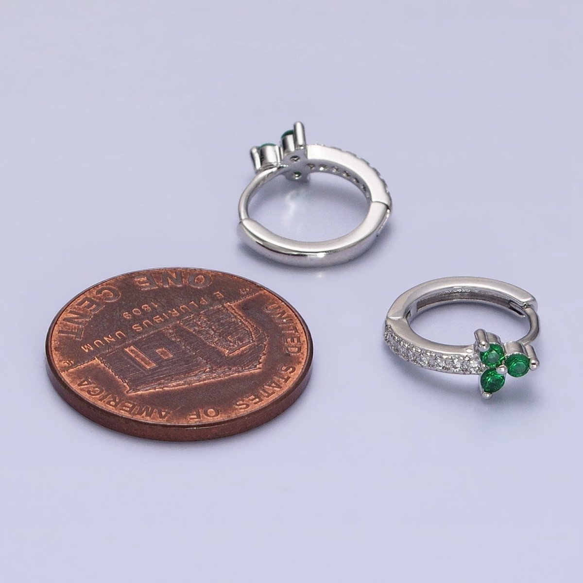16K Gold Filled Green CZ Triple Flower Arrow Lined 11mm Cartilage Huggie Earrings in Silver | AB658