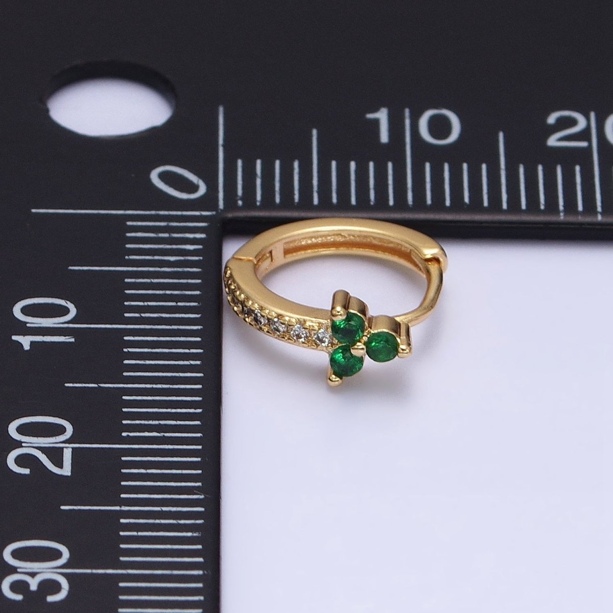16K Gold Filled Green CZ Triple Flower Arrow Lined 11mm Cartilage Huggie Earrings in Silver | AB658