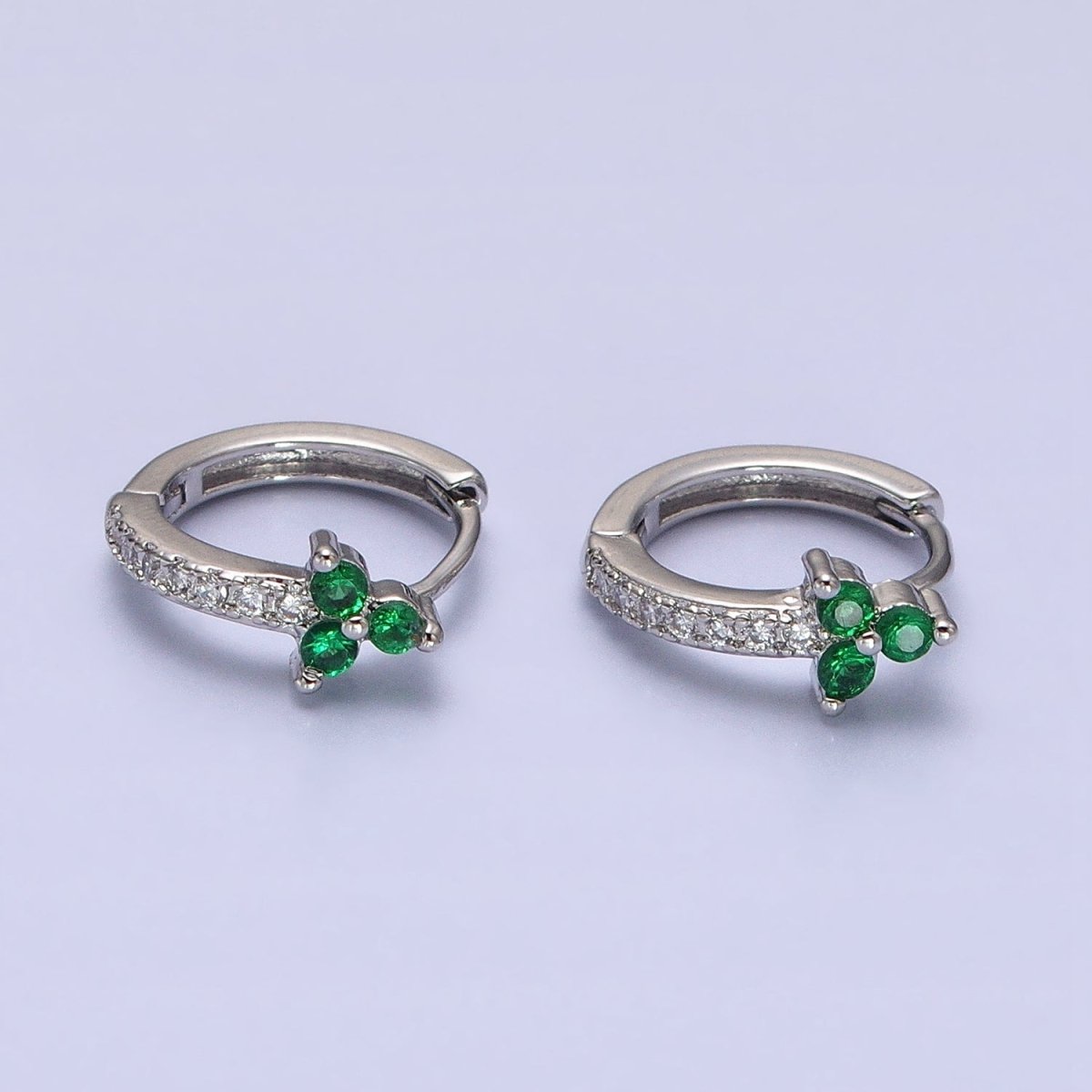 16K Gold Filled Green CZ Triple Flower Arrow Lined 11mm Cartilage Huggie Earrings in Silver | AB658