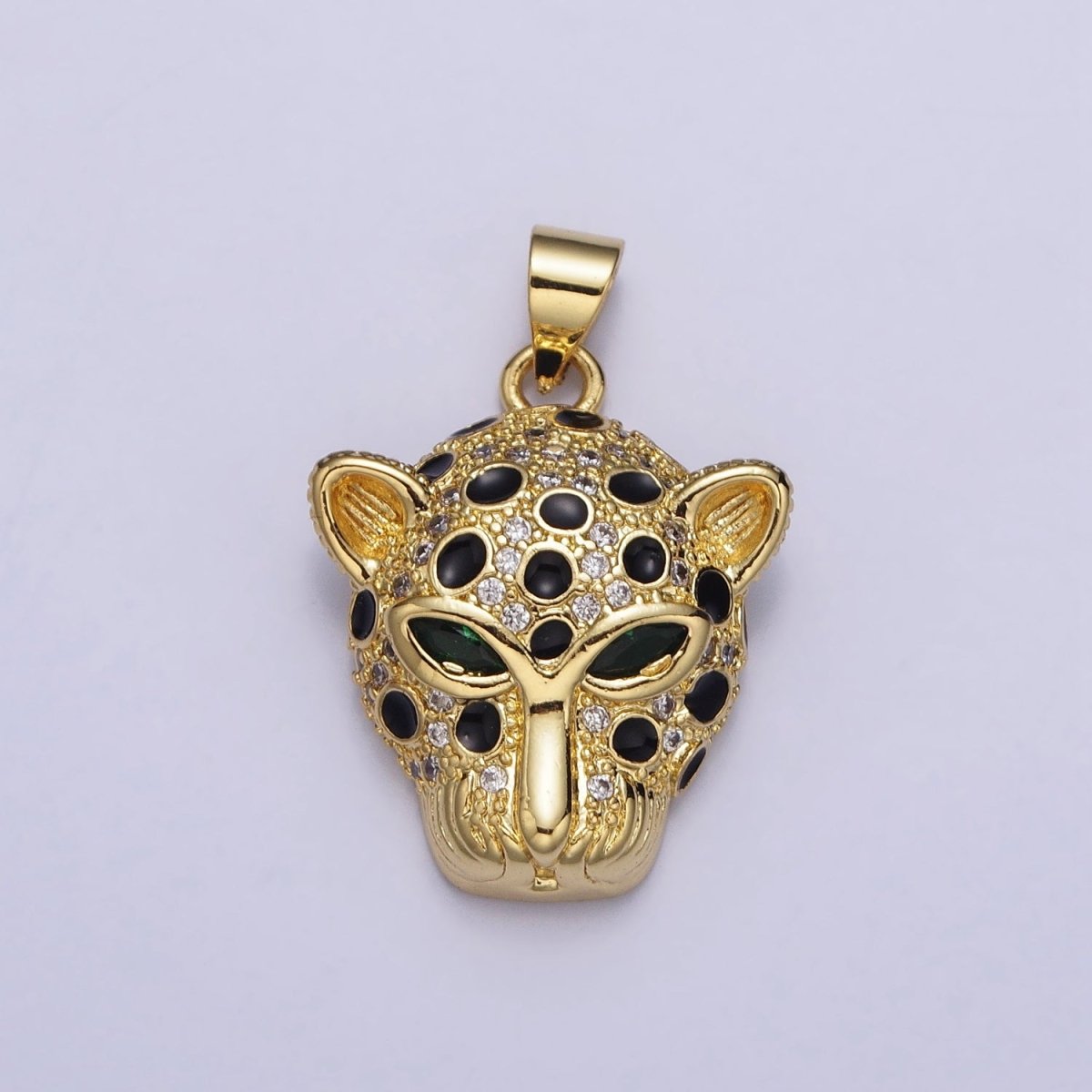 16K Gold Filled Green-Eyed CZ Jaguar Cheetah Black Enamel Micro Paved CZ Animal Pendant | AA509
