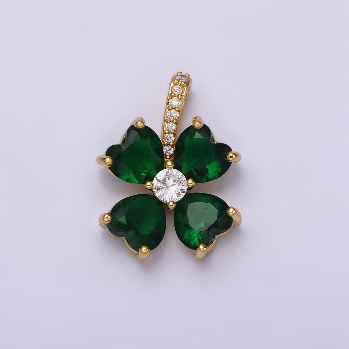 16K Gold Filled Green Flower CZ Heart Petal Micro Paved Bail Pendant | AA547