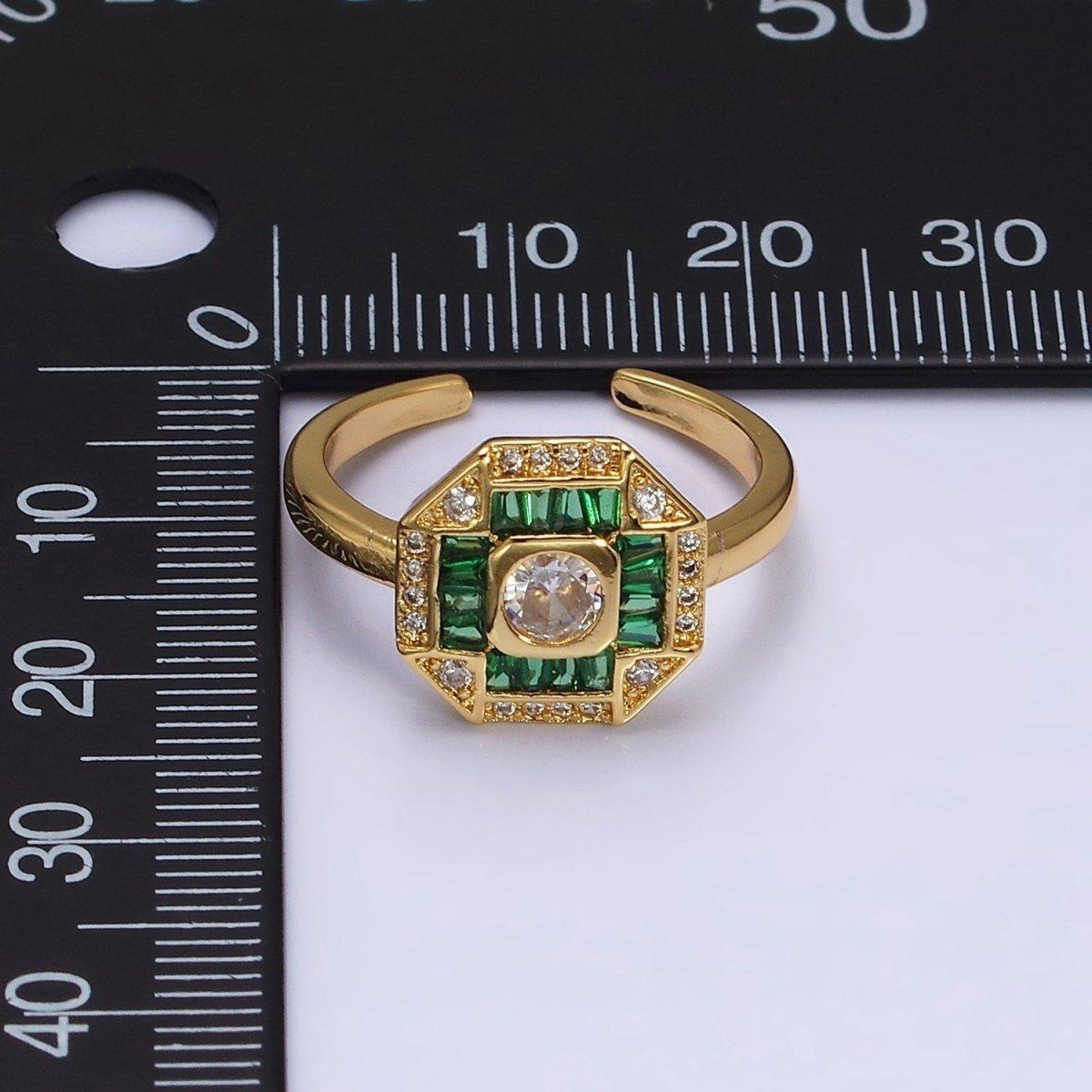 16K Gold Filled Green, Fuchsia CZ Baguette Micro Paved Hexagonal Ring in Gold & Silver | O-1589 O-1590 O-1591 O-1592