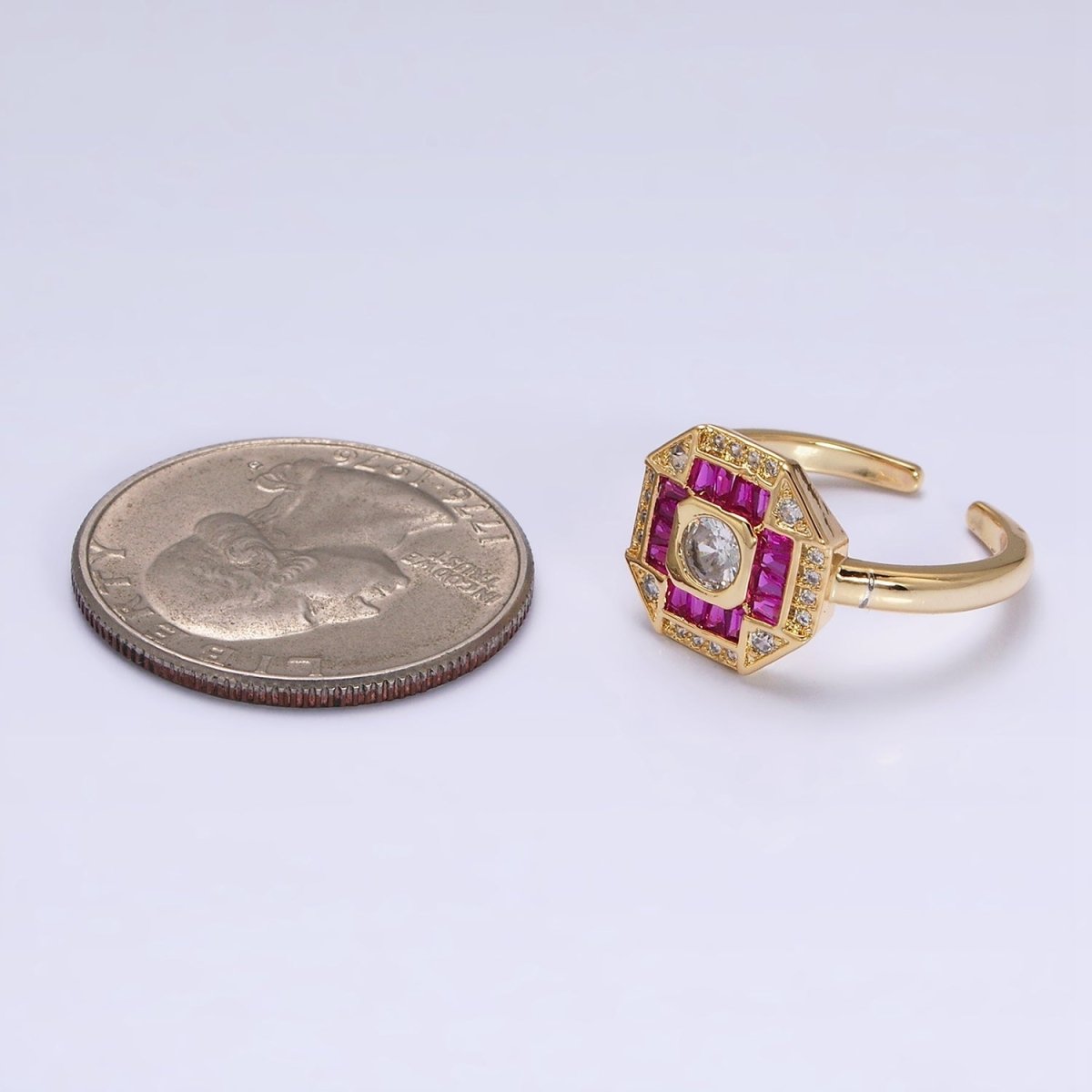16K Gold Filled Green, Fuchsia CZ Baguette Micro Paved Hexagonal Ring in Gold & Silver | O-1589 O-1590 O-1591 O-1592