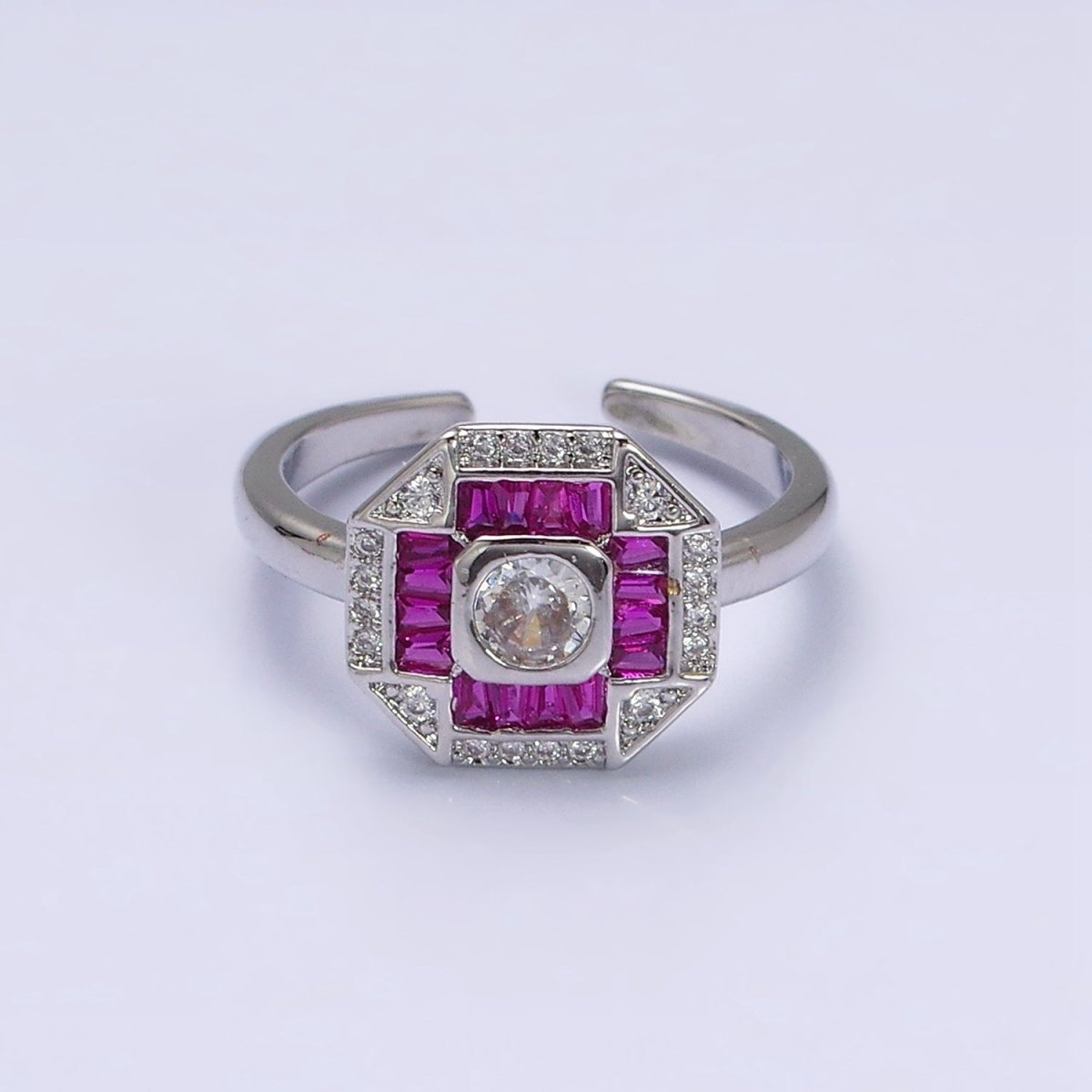 16K Gold Filled Green, Fuchsia CZ Baguette Micro Paved Hexagonal Ring in Gold & Silver | O-1589 O-1590 O-1591 O-1592
