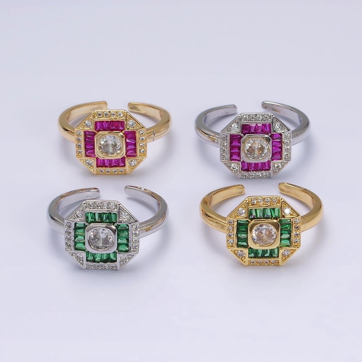 16K Gold Filled Green, Fuchsia CZ Baguette Micro Paved Hexagonal Ring in Gold & Silver | O-1589 O-1590 O-1591 O-1592